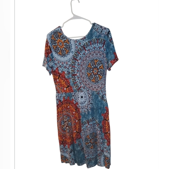 DB Moon Blue Multicolor Mandala Pattern Boho Short Sleeve Dress/Size L - Picture 5 of 11